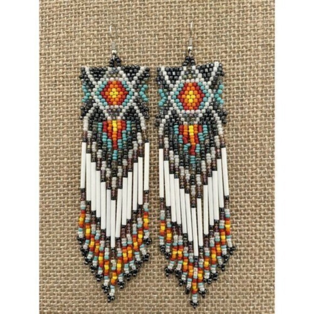 Handmade Miyuki Seed-Bead Fringe Dangling Earrings Ethnic Pattern NWT